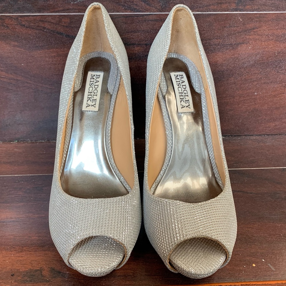 Badgley Mischka Peep Toe Silver Stilettos